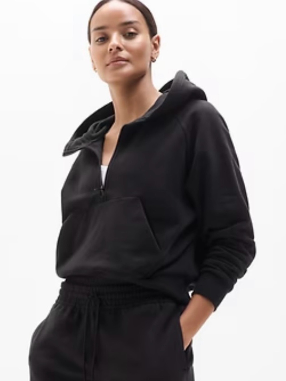 Athleta Forever Fleece Black Half-Zip Hoodie Sweatshirt Xsmall